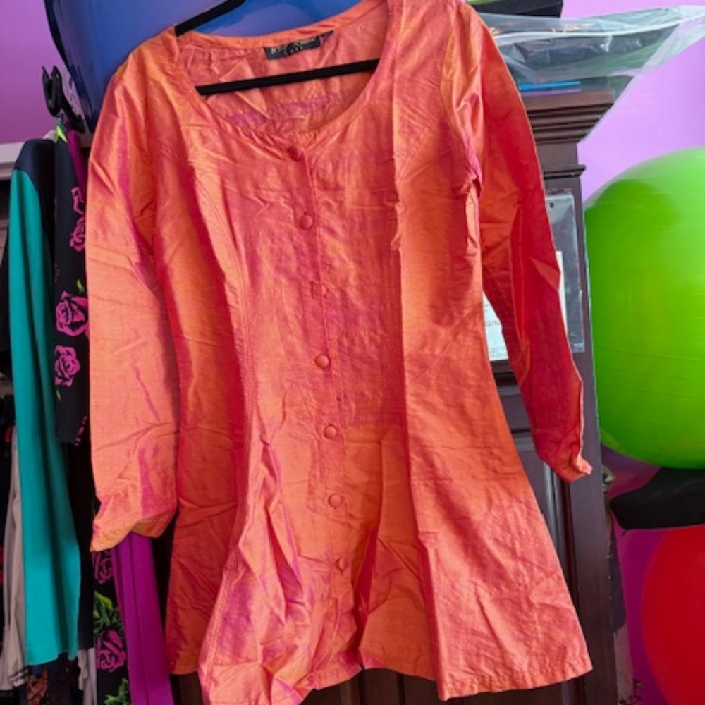 Betsey Johnson 100% Silk Dress, Sze 8, Orange Fuchsia Cross-Woven, Rare Vintage